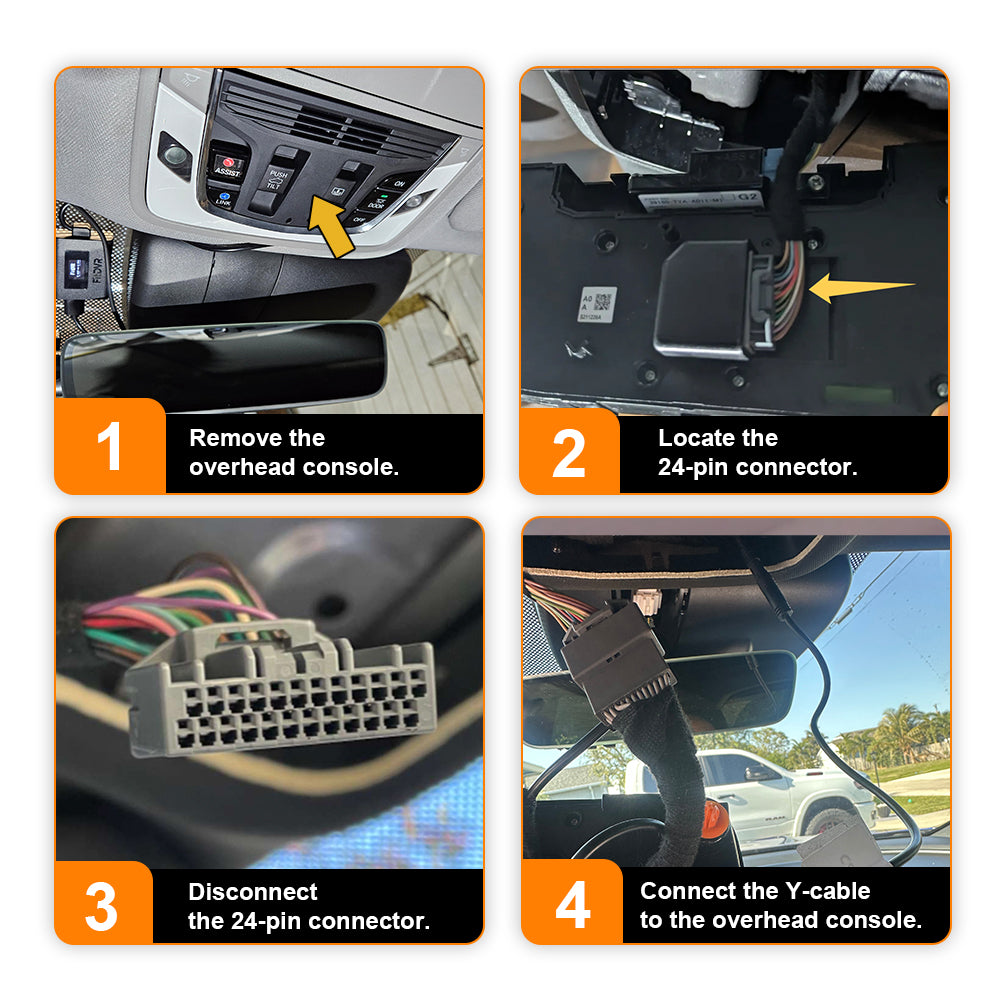 Step-by-step guide on how to connect a Y-cable to a car's overhead console.