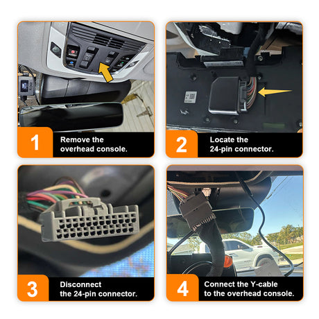 Step-by-step guide on how to connect a Y-cable to a car's overhead console.