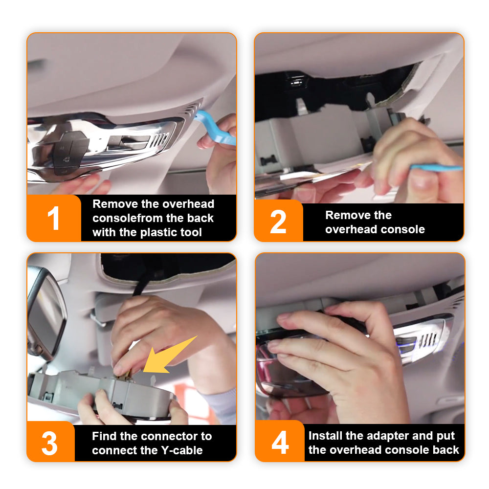 4 pictures process shows how to install the 16-pin adapter to Alfa Romeo model, get power from the overhead console connector.