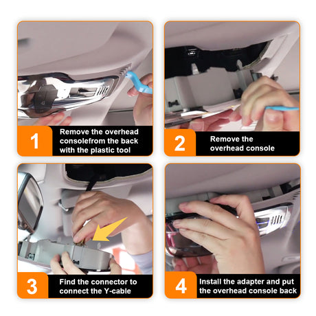 4 pictures process shows how to install the 16-pin adapter to Alfa Romeo model, get power from the overhead console connector.