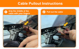 Step-by-step guide on how to pull out a cable with visual instructions and arrows.