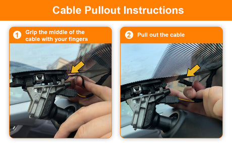 Step-by-step guide on how to pull out a cable with visual instructions and arrows.