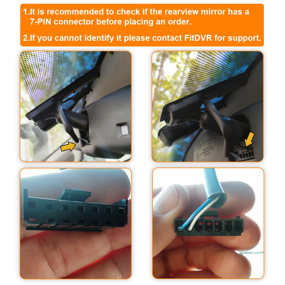 steps to find the auto-dimming rearview mirror 7-pin connector and shows the front and back angle of the connector looks.
