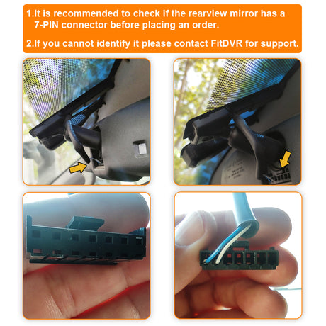 steps to find the auto-dimming rearview mirror 7-pin connector and shows the front and back angle of the connector looks.