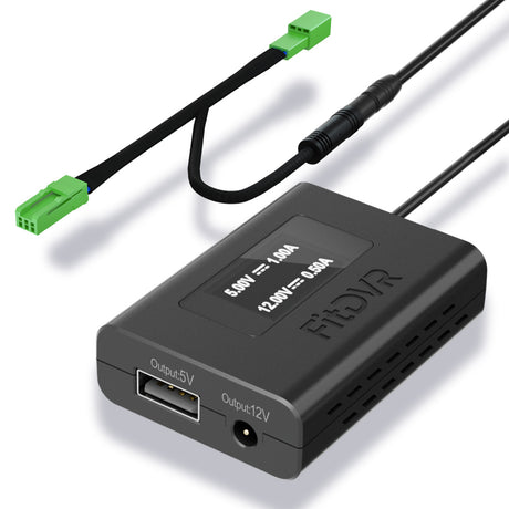 A black fitdvr dash cam power adapter with 3-pin green Y cable harness and two ports for different device connections, labeled with 'FitDVR' and voltage outputs.